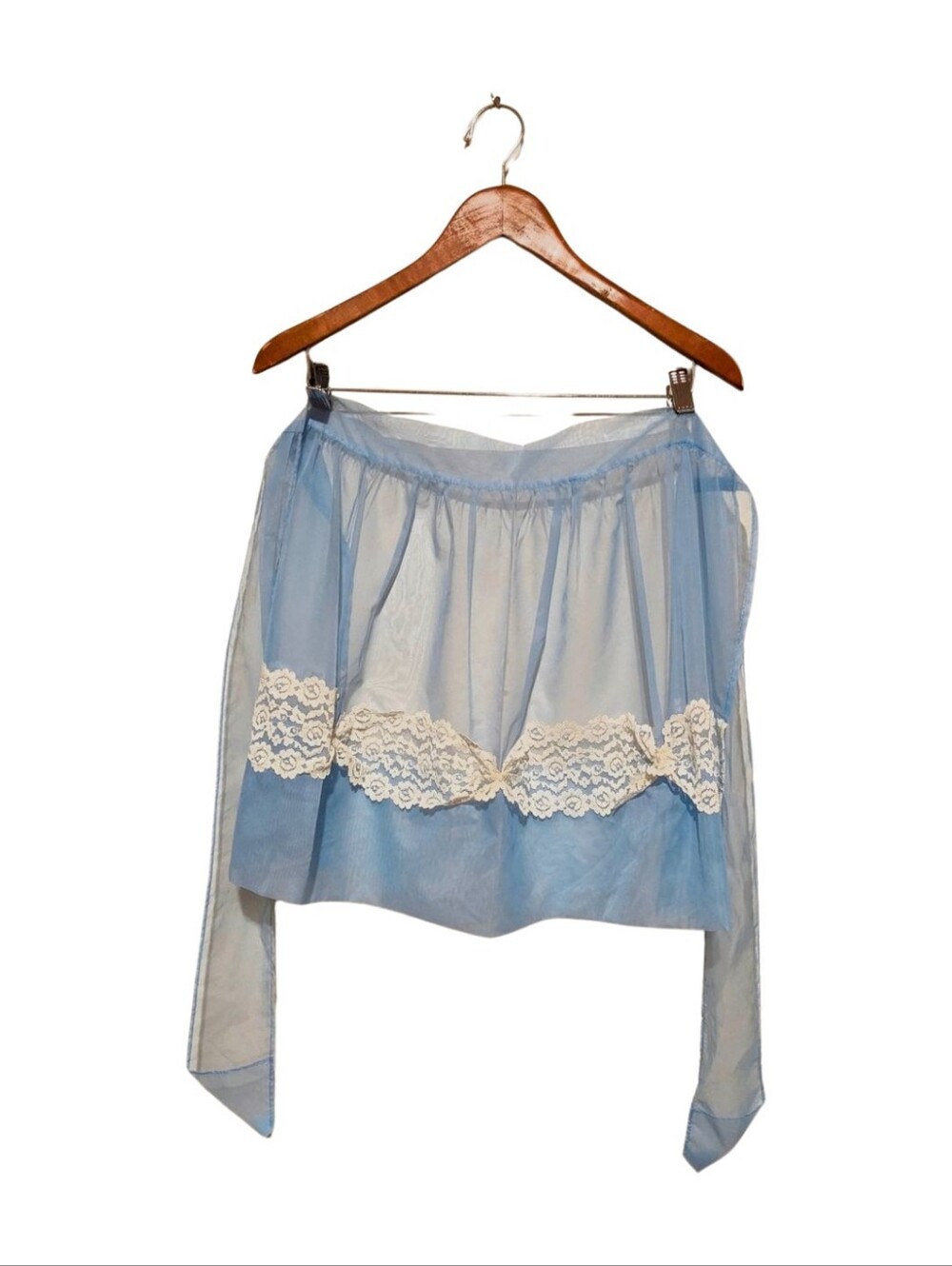 Vintage 50s Blue Semi Sheer Half Apron Lace Trim Wide Ties